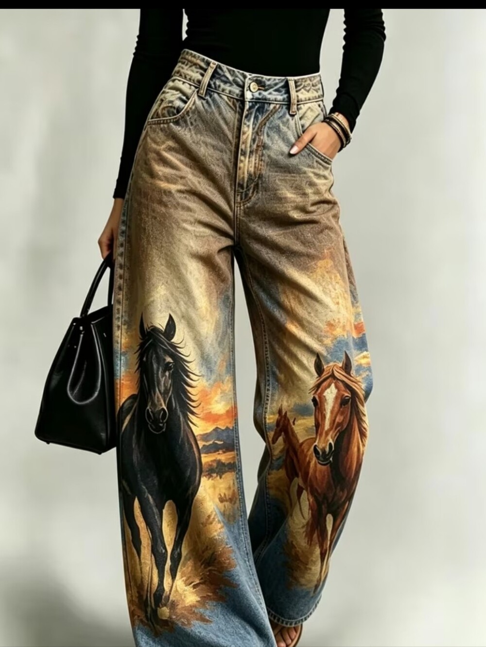 Welcome to The Wild West! Women's Wide-Leg Horse Print Jeans - Brown/Blue